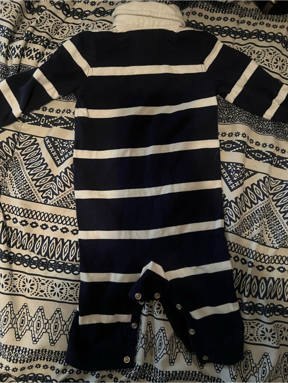 Ralph Lauren Navy and White Striped Polo Footie with Red Pony